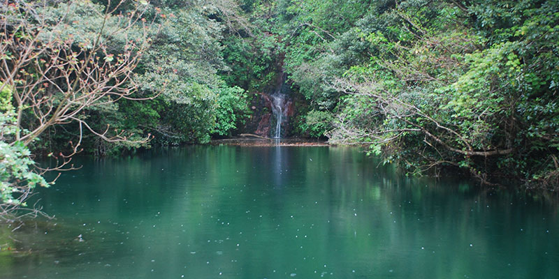 三原山にある硫黄沼と落差36ｍの滝を目指す